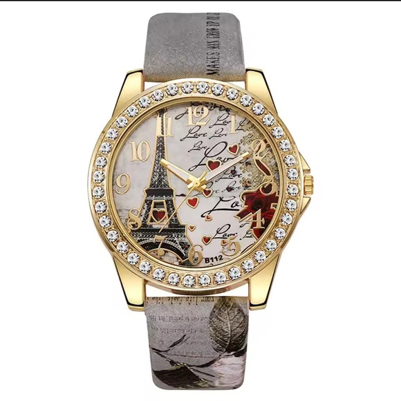 Elegant High Fashion Women’s Quartz Gold and Gray Eiffel Tower Love Watch Grey - Picture 2 of 9